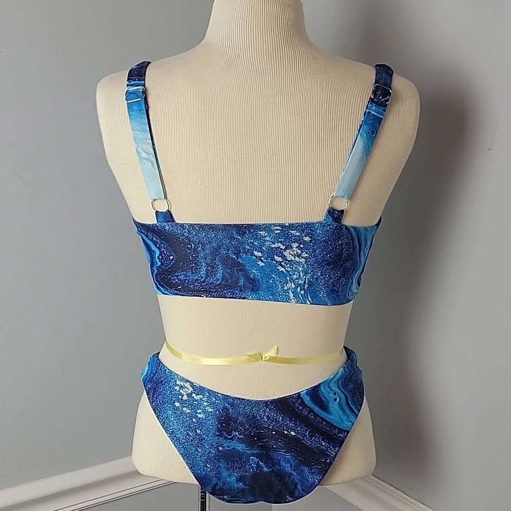 ZAFUL Lapis Blue Ocean Print Sporty Cutout Top High Cut‎ Leg Bikini Swimsuit M 6